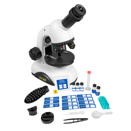 Explore One Microscope and 3 Prepared Slides, 8 Blank Slides, 8 Slide Covers, 3 Specimen Vials, Graduated Cylinder, Pipette, Tweezers, Magnifying Glass, Round Cutter, Hatchery, Yeast, Brine Shrimp Eggs, Smartphone Adapter, Rubber Eyepiece Cup