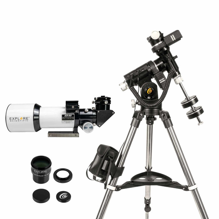 Explore Scientific ED80 Essential Series Air-Spaced Triplet Refractor Telescope with 0.8x Focal Reducer and iEXOS-100-2 PMC-Eight Equatorial Tracker System with WiFi and Bluetooth®